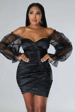 Load image into Gallery viewer, Sexy Organza Patchwork Ruched Mini Dress Elegant Off the Shoulder Puff Sleeve Button Bodycon Evening Club Party Dresses - Shop &amp; Buy
