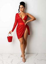 Load image into Gallery viewer, Sexy Sequined One Shoulder Halter Lace Up Mini Dress Two Piece Set Long Sleeve High Slit Club Party Black Red Dress Clothes - Shop &amp; Buy
