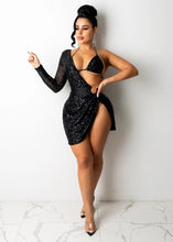 Load image into Gallery viewer, Sexy Sequined One Shoulder Halter Lace Up Mini Dress Two Piece Set Long Sleeve High Slit Club Party Black Red Dress Clothes - Shop &amp; Buy
