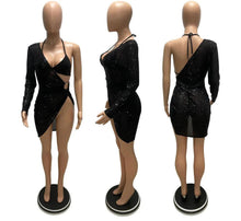 Load image into Gallery viewer, Sexy Sequined One Shoulder Halter Lace Up Mini Dress Two Piece Set Long Sleeve High Slit Club Party Black Red Dress Clothes - Shop &amp; Buy
