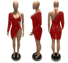 Load image into Gallery viewer, Sexy Sequined One Shoulder Halter Lace Up Mini Dress Two Piece Set Long Sleeve High Slit Club Party Black Red Dress Clothes - Shop &amp; Buy
