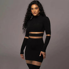 Load image into Gallery viewer, Sexy Sheer Mesh Patchwork Black White Long Dress for Women Elegant Long Sleeve Bodycon Evening Club Party Dresses - Shop &amp; Buy
