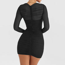 Load image into Gallery viewer, Sexy Sheer Mesh Patchwork Mini Dress for Women Elegant Wrap Long Sleeve Ruched Bpdycon Night Club Party Dresses - Shop &amp; Buy
