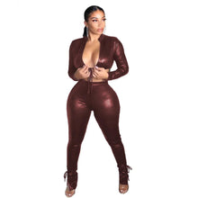 Load image into Gallery viewer, Sexy Stand Collar PU Leather Lace Up Two Piece Set Women Fashion Deep V Neck Bandage Crop Top + Pencil Pants Skinny Club Outfits - Shop &amp; Buy
