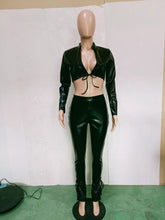 Load image into Gallery viewer, Sexy Stand Collar PU Leather Lace Up Two Piece Set Women Fashion Deep V Neck Bandage Crop Top + Pencil Pants Skinny Club Outfits - Shop &amp; Buy
