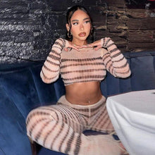 Load image into Gallery viewer, Sexy Striped Print Sheer Mesh Two Piece Set for Women O Neck Long Sleeve Crop Top + Pants See Through Night Club Party Outfits - Shop &amp; Buy
