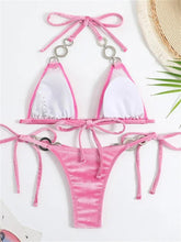 Load image into Gallery viewer, Sexy Triangle Bikinis Set Women Solid Pink Criss Cross Velvet Swimsuit Luxury Rhinestone Bathing Suit Metal Swimwear - Shop &amp; Buy
