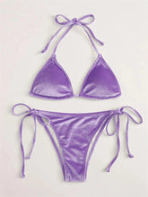 Load image into Gallery viewer, Sexy Triangle Bikinis Set Women Solid Pink Criss Cross Velvet Swimsuit Luxury Rhinestone Bathing Suit Metal Swimwear - Shop &amp; Buy
