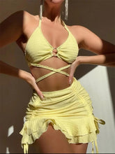 Load image into Gallery viewer, Sexy Yellow Bikini Women Solid Halter Ring Linked Criss Cross Cover Up 3 Piece Swimsuit Bathing Suit Ruffles Skirt Swimwear - Shop &amp; Buy
