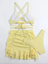 Load image into Gallery viewer, Sexy Yellow Bikini Women Solid Halter Ring Linked Criss Cross Cover Up 3 Piece Swimsuit Bathing Suit Ruffles Skirt Swimwear - Shop &amp; Buy
