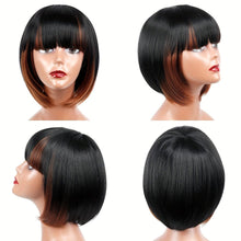 Load image into Gallery viewer, Short Bob Wigs With Bangs - 10 Inch Black Mix Brown Straight Hair Daily Costume Wig For Women, Soft Light Synthetic Hair Replacement Wigs Heat Resistant - Shop &amp; Buy
