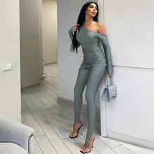 Load image into Gallery viewer, Skew Collar Off the Shoulder Grey Women Outfits Sexy Ruched Irregular Top + Pencil Pants Skinny Clubwear Party Two Piece Sets - Shop &amp; Buy
