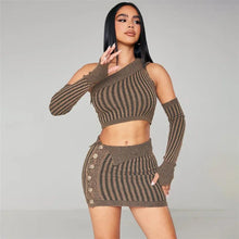 Load image into Gallery viewer, Skew Neck Knitted Short Two Piece Set for Women Sexy Crop Top + Mini Skirts Skinny Night Club Party Outfits Fall Matching Sets - Shop &amp; Buy
