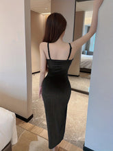 Load image into Gallery viewer, Skinny Fit Bodycon Spaghetti Strap Split Thigh Dress - Elegant Solid Color Polyester Party Dress for Women - Shop &amp; Buy
