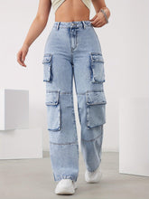 Load image into Gallery viewer, Sky Blue High-Waisted Wide-Leg Jeans with Multi-Pockets for Women - Versatile, Easy-Care Casual Denim - Shop &amp; Buy
