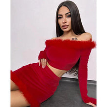 Load image into Gallery viewer, Slash Neck Fur Plush Collar Velvet Short Two Piece Set Women Sexy Off the Shoulder Crop Top + Mini Skirts Clubwear Party Outfits - Shop &amp; Buy
