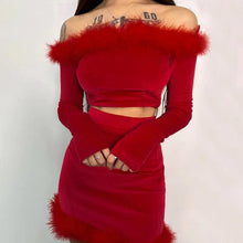 Load image into Gallery viewer, Slash Neck Fur Plush Collar Velvet Short Two Piece Set Women Sexy Off the Shoulder Crop Top + Mini Skirts Clubwear Party Outfits - Shop &amp; Buy
