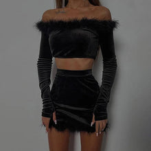 Load image into Gallery viewer, Slash Neck Fur Plush Collar Velvet Short Two Piece Set Women Sexy Off the Shoulder Crop Top + Mini Skirts Clubwear Party Outfits - Shop &amp; Buy
