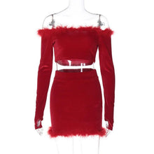 Load image into Gallery viewer, Slash Neck Fur Plush Collar Velvet Short Two Piece Set Women Sexy Off the Shoulder Crop Top + Mini Skirts Clubwear Party Outfits - Shop &amp; Buy
