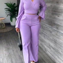Load image into Gallery viewer, Solid Casual Two-piece Set, Surplice Neck Long Sleeve Tops &amp; High Waist Wide Leg Pants Outfits - Shop &amp; Buy
