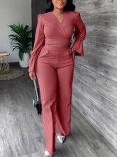 Load image into Gallery viewer, Solid Casual Two-piece Set, Surplice Neck Long Sleeve Tops &amp; High Waist Wide Leg Pants Outfits - Shop &amp; Buy
