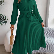 Load image into Gallery viewer, Solid Color Mock Neck Pleated Dress, Elegant Long Sleeve Belted A-line Dress, Women&#39;s Clothing - Shop &amp; Buy
