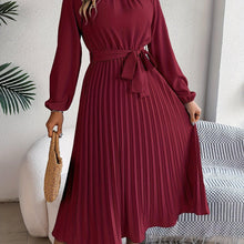 Load image into Gallery viewer, Solid Color Mock Neck Pleated Dress, Elegant Long Sleeve Belted A-line Dress, Women&#39;s Clothing - Shop &amp; Buy
