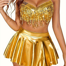 Load image into Gallery viewer, Solid PU Lingerie Set, Sequin Tassel Bra &amp; Skirt &amp; Thong, Womens Sexy Lingerie &amp; Underwear - Shop &amp; Buy
