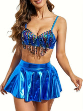 Load image into Gallery viewer, Solid PU Lingerie Set, Sequin Tassel Bra &amp; Skirt &amp; Thong, Womens Sexy Lingerie &amp; Underwear - Shop &amp; Buy
