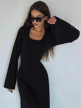 Load image into Gallery viewer, Solid Ribbed Trumpet Sleeves Maxi Dress Back Lace-Up Straps Elegant Casual Autumn Winter For Women Birthday - Shop &amp; Buy
