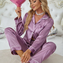 Load image into Gallery viewer, Solid Satin Pajama Set, Comfy Long Sleeve Pocket Button Up Top &amp; Elastic Waistband Pants, Women Sleepwear &amp; Loungewear - Shop &amp; Buy
