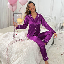 Load image into Gallery viewer, Solid Satin Pajama Set, Comfy Long Sleeve Pocket Button Up Top &amp; Elastic Waistband Pants, Women Sleepwear &amp; Loungewear - Shop &amp; Buy
