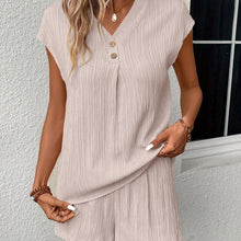 Load image into Gallery viewer, Solid Textured Two-piece Set, Button Front V Neck Short Sleeve Top &amp; Wide Leg Shorts Outfits - Shop &amp; Buy
