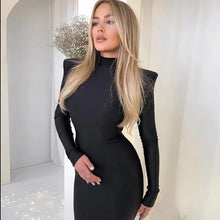 Load image into Gallery viewer, Solid Women Long Sleeve High Neck Midi Dress Shoulder Pad Bodycon Sexy Streetwear - Shop &amp; Buy
