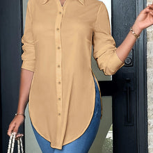 Load image into Gallery viewer, Split Button Front Shirt, Casual Long Sleeve Curved Hem Shirt, Women Clothing - Shop &amp; Buy
