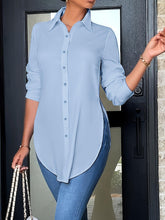 Load image into Gallery viewer, Split Button Front Shirt, Casual Long Sleeve Curved Hem Shirt, Women Clothing - Shop &amp; Buy

