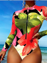 Load image into Gallery viewer, Sporty Chic Floral Rash Guard Swimsuit – Stretchy, Long Sleeve, Crew Neck with Zipper, Removable Pads - Shop &amp; Buy
