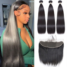 Load image into Gallery viewer, Straight Bundles With Frontal HD Transparent Bone Straight Human Hair Bundles With Lace Frontal 13*4 Transparent Lace - Shop &amp; Buy
