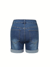 Load image into Gallery viewer, Stretchy Slim Fit Blue Denim Cycling Shorts - Versatile Solid Color Woven Pants with Slash Pockets for Spring Summer - Shop &amp; Buy
