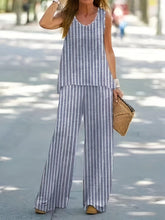 Load image into Gallery viewer, Stripe Print Matching Two-piece Set, Casual Crew Neck Tank Top &amp; Wide Leg Pants Outfits - Shop &amp; Buy

