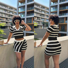 Load image into Gallery viewer, Striped Knit Rib Skirts 2 Piece Set for Women Summer Sexy Short Sleeve Crop Top + Slit Wrap Mini Skirts Night Club Beach Outfits - Shop &amp; Buy
