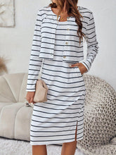 Load image into Gallery viewer, Striped Print Casual Two-piece Set, Button Front Long Sleeve Tops &amp; Crew Neck Sleeveless Dress Outfits - Shop &amp; Buy
