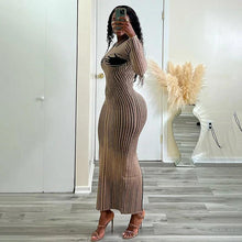 Load image into Gallery viewer, Striped Print Long Dress for Women Fall Winter Basic O Neck Long Sleeve Back Slit Bodycon Clubwear Party Dresses - Shop &amp; Buy
