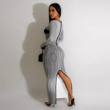 Load image into Gallery viewer, Striped Print Long Dress for Women Fall Winter Basic O Neck Long Sleeve Back Slit Bodycon Clubwear Party Dresses - Shop &amp; Buy
