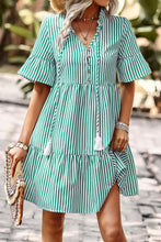 Load image into Gallery viewer, Striped Tie Neck Flare Sleeve Dress - Shop &amp; Buy