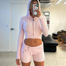 Load image into Gallery viewer, Sweater Two Piece Set Women Casual Sport Zipper Hoodie Crop Top + Button Shorts Skinny Fitness Matching Set Active wear Outfits - Shop &amp; Buy
