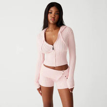 Load image into Gallery viewer, Sweater Two Piece Set Women Casual Sport Zipper Hoodie Crop Top + Button Shorts Skinny Fitness Matching Set Active wear Outfits - Shop &amp; Buy
