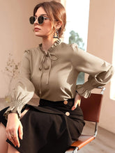 Load image into Gallery viewer, Tie Front Ruffle Trim Blouse, Elegant Solid Long Sleeve Blouse, Womens Clothing - Shop &amp; Buy
