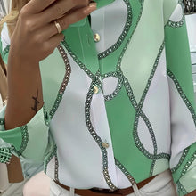 Load image into Gallery viewer, Trendy Boho Chain Print Blouse - Rollable Sleeves, Stand Collar, Durable Non-Sheer Fabric, Easy Care - Shop &amp; Buy
