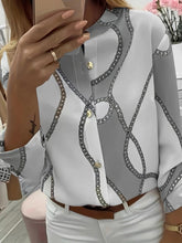 Load image into Gallery viewer, Trendy Boho Chain Print Blouse - Rollable Sleeves, Stand Collar, Durable Non-Sheer Fabric, Easy Care - Shop &amp; Buy
